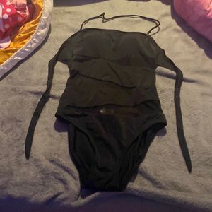 One piece swimsuit, black, padded, open back.
